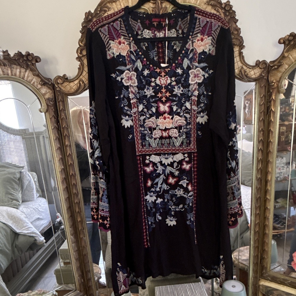Johnny Was Black Embroidered Floral Dress Size XL Long Sleeve V-Neck